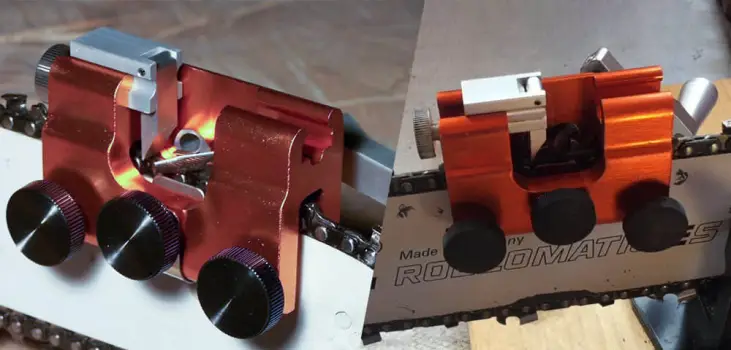 Collage of Sherem SawSharpener attached to 2 chainsaws. One big, one small